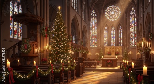 A Beautifully Decorated Christmas Tree and Candles Illuminating the Interior of a Grand Cathedral with Stained Glass Windows Radiating Warm Sunlight Creating a Peaceful Festive Atmosphere