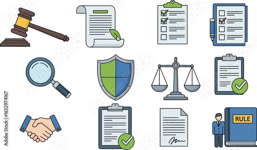 Collection of law and legal icons including a gavel, documents, checklist, magnifying glass, shield, scales, handshake, and a rule book.