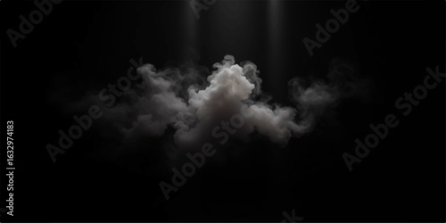 Smoke swirling on black background with dark clouds and light effects