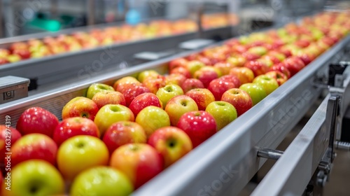 Fresh apples on modern conveyor in food production factory photo fruit processing, food industry, agriculture, automation, fresh produce