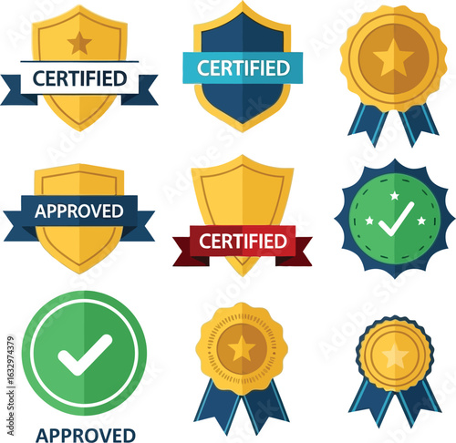 A collection of nine flat vector icons representing certification and approval, featuring shields, ribbons, stars, and checkmarks in various color schemes.