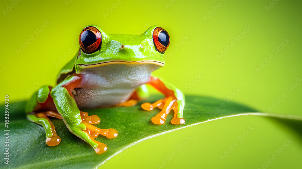 Obraz premium tropical tree frog sitting on leaf on green screen