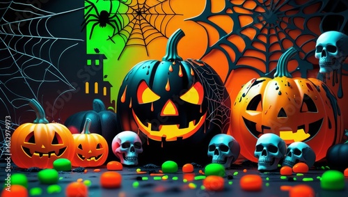 Spooky Halloween pumpkins, skulls, and spiderwebs create atmosphere