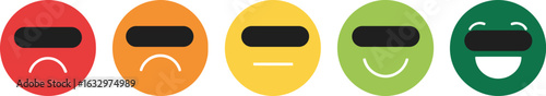 Five colorful round emoticons showing a range of emotions from sad to happy, with a black bar for the eyes.