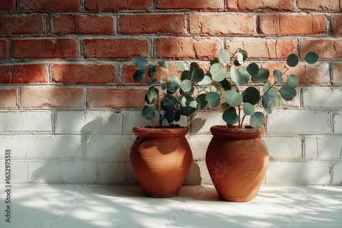 Terracotta pots with eucalyptus against a brick wall