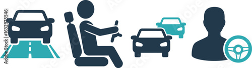 Illustration depicting cars on a road, a person driving a car, and a driver icon with a steering wheel.