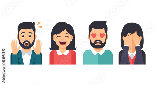 Illustration of four people showing different emotions: surprise, laughter, love, and sadness or shame