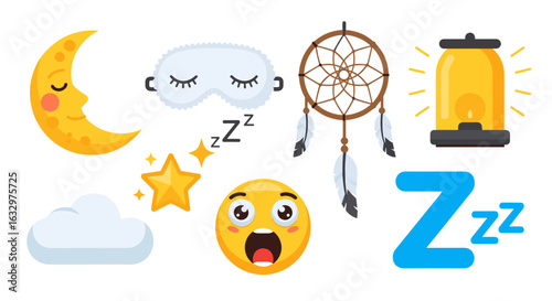 Illustration featuring a crescent moon, sleep mask, dreamcatcher, lantern, and various sleep symbols