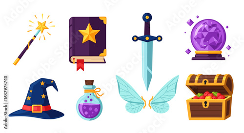 Illustration featuring a magic wand, spellbook, sword, crystal ball, wizard hat, potion, wings and chest
