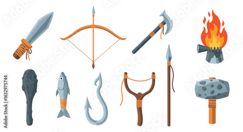 Illustration showing various primitive hunting and survival tools including fire and weapons of stone age