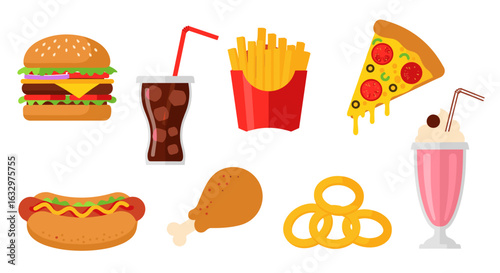 A collection of fast food items including a burger, fries, pizza, hotdog, and milkshake displayed