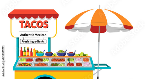 Illustration of a vibrant tacos stand with fresh ingredients and a colorful umbrella overhead stand