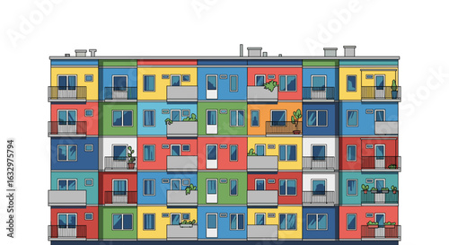 Illustration of a colorful apartment building with multiple balconies and windows in a vibrant style
