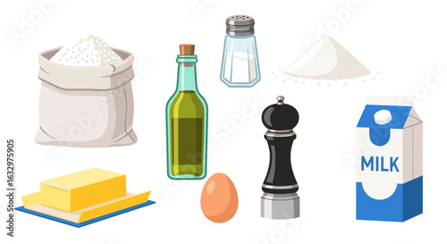 An illustration of a collection of baking ingredients including flour, milk, butter, and olive oil