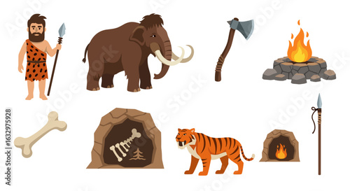 Illustration of a caveman with a spear, a mammoth, an axe, a fire, a bone, and a tiger scene