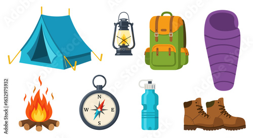 Illustration showcasing essential camping gear including tent lantern backpack and other equipment items