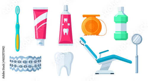 A dental hygiene kit featuring a toothbrush, toothpaste, floss, mouthwash, chair, and mirror tools