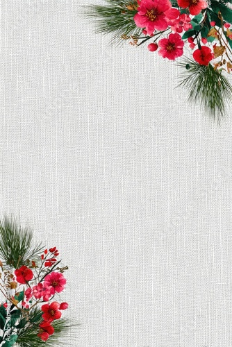 Festive floral frame, linen texture, winter background, invitation design
