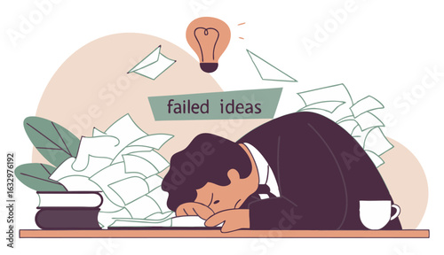 An exhausted person with their head on a desk, surrounded by piles of crumpled paper. A sign above them reads "failed ideas," and a light bulb hangs nearby.