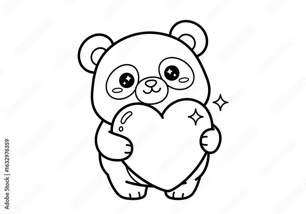 Fototapeta premium Panda illustration coloring page. Adorable cartoon panda bear gently cradling a large heart, radiating love and affection.