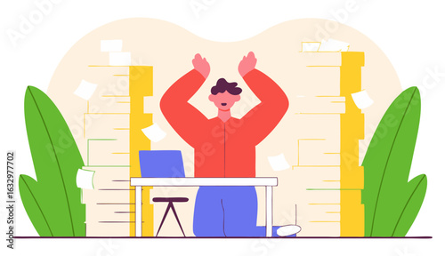 An ecstatic person at a desk with their hands in the air, surrounded by huge stacks of completed tasks and paperwork, celebrating finishing work.