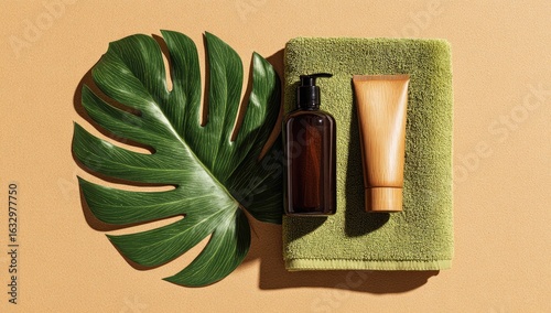 Natural skincare products on a beige background