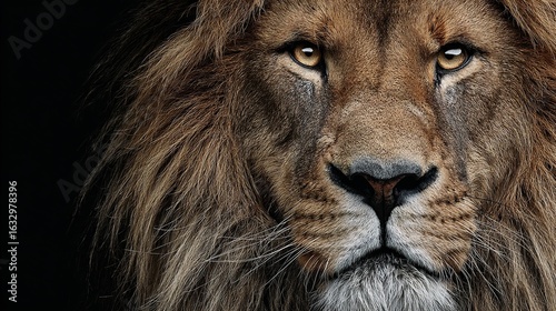 Intense portrait of a male lion's face, with rich brown mane, against black