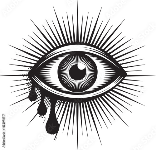 Symbolic All-Seeing Eye Collage – Halftone Design with Rays, Dots, and Ink Drips