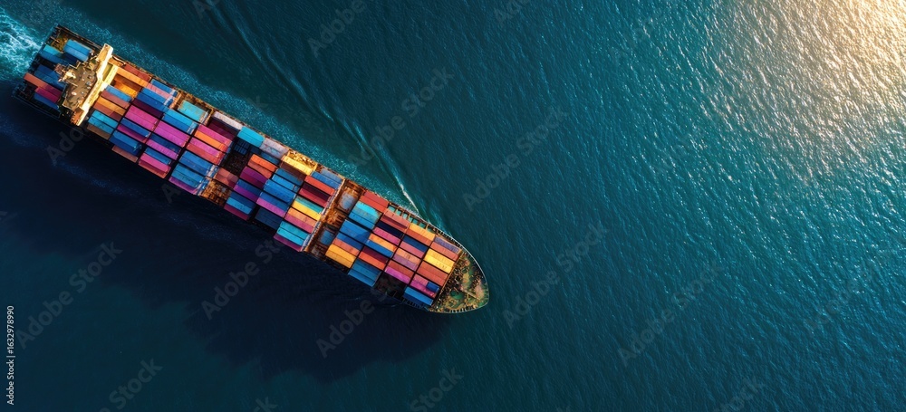 Fototapeta premium Aerial view of a cargo ship on the water