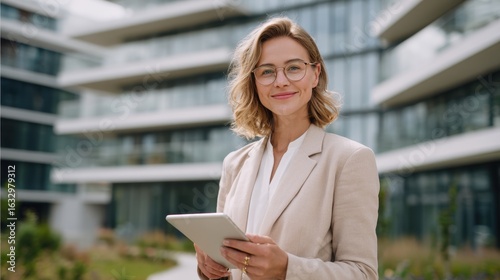A professional woman in a light-colored suit smiles while holding a digital tablet in front of a modern building.