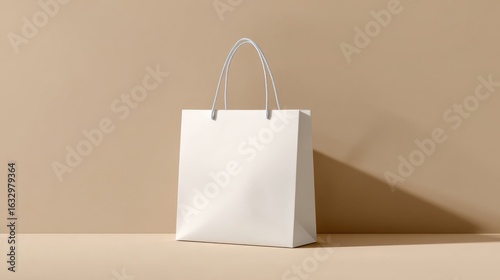 A pristine white shopping bag with rope handles stands alone against a neutral backdrop, perfect for product presentation and retail concepts.