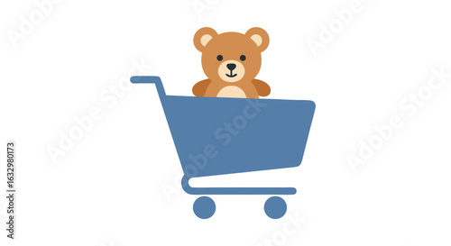 Toy shopping concept featuring a cheerful teddy bear in a blue shopping cart showcasing playful consumerism for children