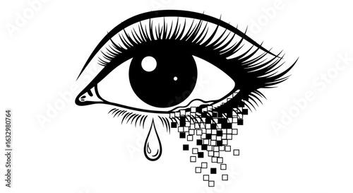 Expressive Eye with Crying Tears and Pixel Degradation Illustration
