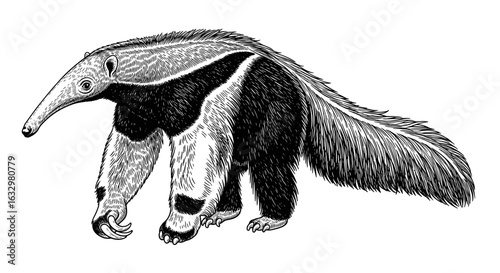 Engraved Anteater Illustration: Detailed Black and White Animal Drawing