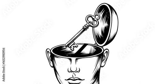 Unlocking Knowledge: Key entering opened head concept art illustration.