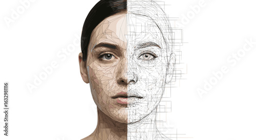 Digital metamorphosis: Woman's face transforming into a geometric abstraction