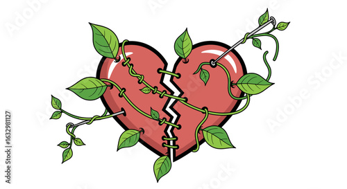 Mended heart with leaves, a symbol of growth and healing.