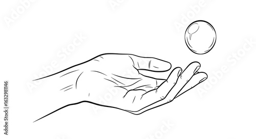Hand and bubble drawing, minimalist illustration on a white backdrop.