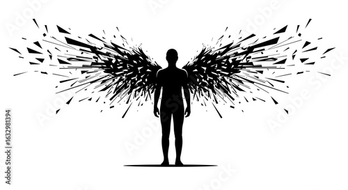 Abstract figure with shattered wings, symbolic representation of fragility.