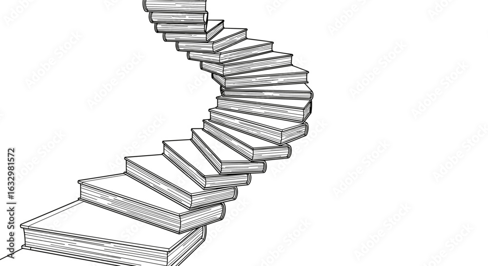 Obraz premium Books forming a spiral staircase in monochrome illustration style
