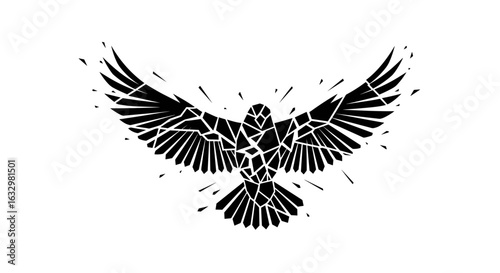 Abstract bird shattered silhouette on white background soars powerfully