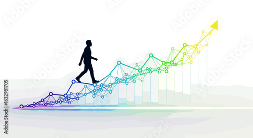 Man walking on an upward trend graph, business progress concept.