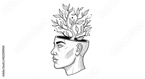 Mindful Growth: Conceptual Head Illustration with Tree Blooming Outward