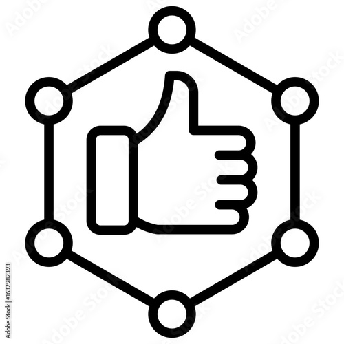 Approval Network Outline Icon Design Vector - Thumbs up inside a connected hexagonal structure showing approval, social validation, or peer endorsement in a networked system