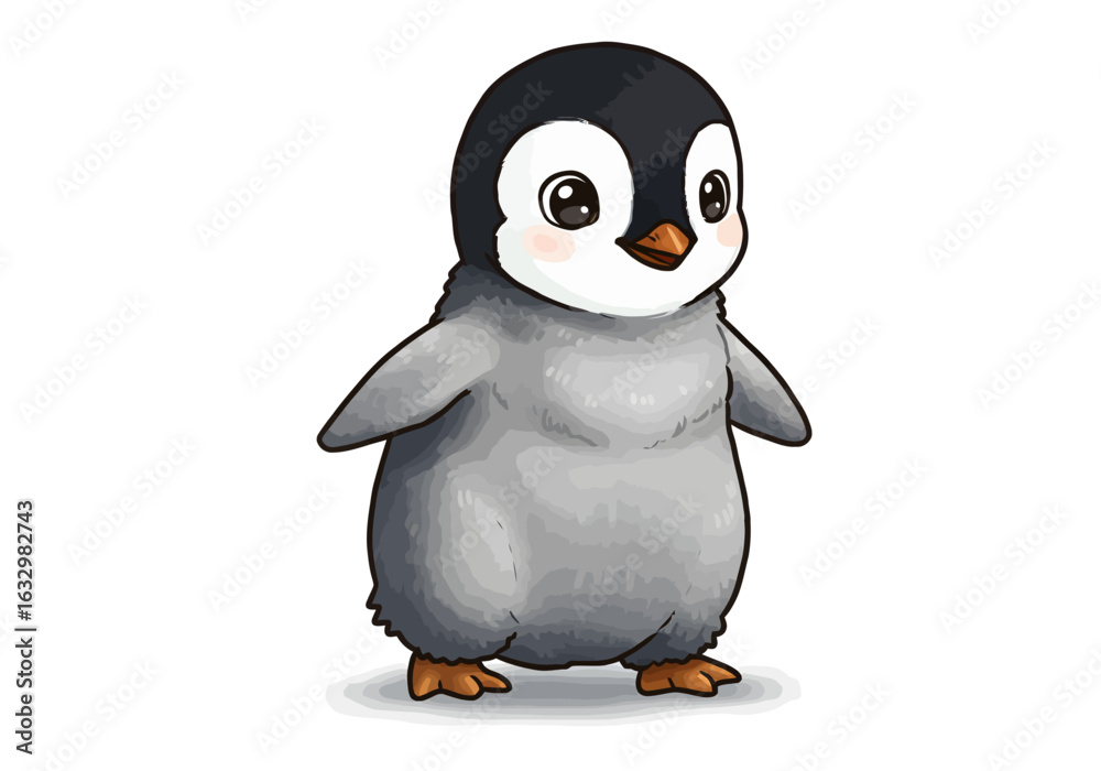 Fototapeta premium Cute cartoon baby penguin with fluffy grey downy feathers and large expressive eyes.