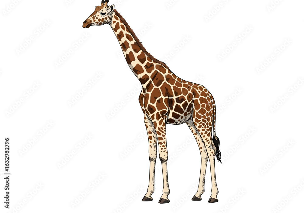Naklejka premium Standing Giraffe Illustration with Brown and White Spots, Long Neck, and Tail
