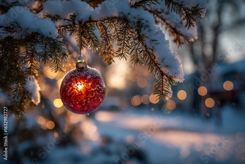 Delicate red Christmas ornament reflecting light in a snowy winter setting with blurred background lights.