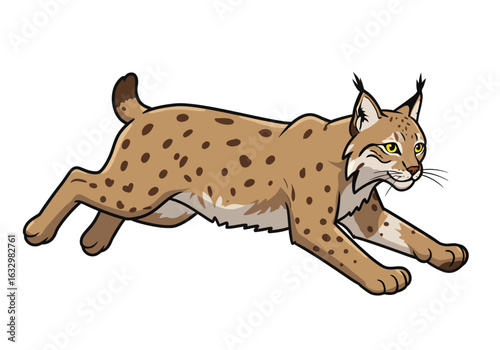 Dynamic Cartoon Lynx with Spotted Fur and Ear Tufts in Running Pose