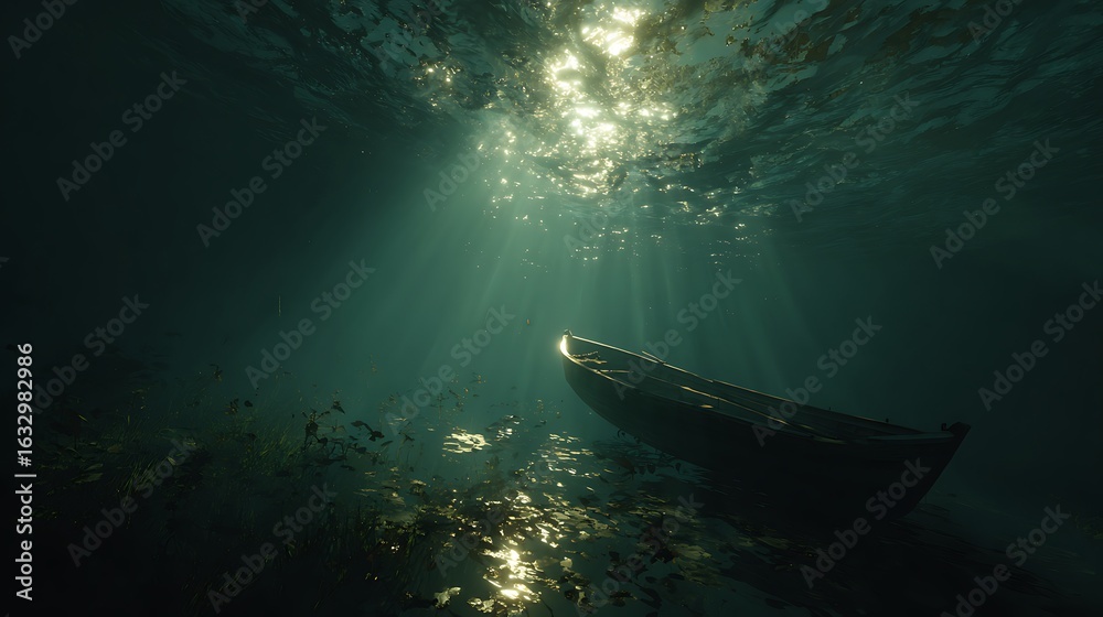 Fototapeta premium Underwater view of a submerged boat with light rays filtering through the water