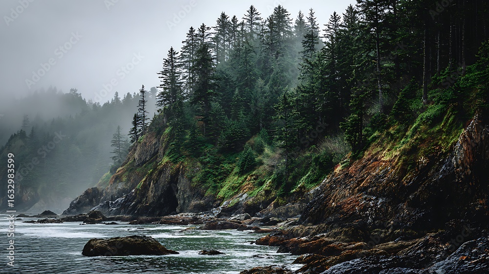 Fototapeta premium Misty coastal forest with rugged rocky shoreline and ocean waves
